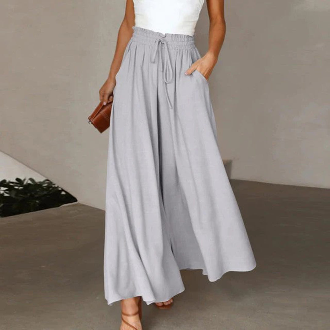 Women's lightweight high-waist trousers with drawstring waist, breathable cotton blend, relaxed Nordic style