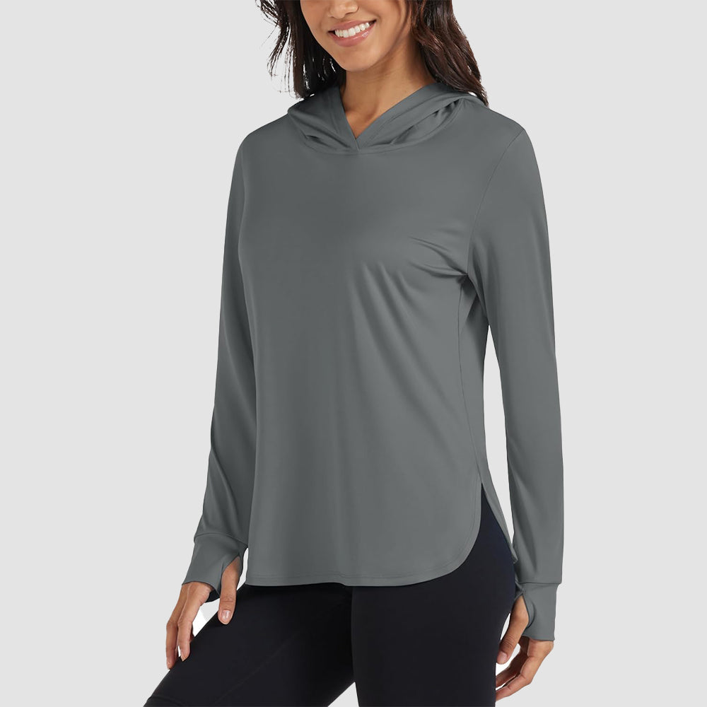 Women's lightweight UPF 80+ rashguard hoodie with thumbholes for all-day sun protection