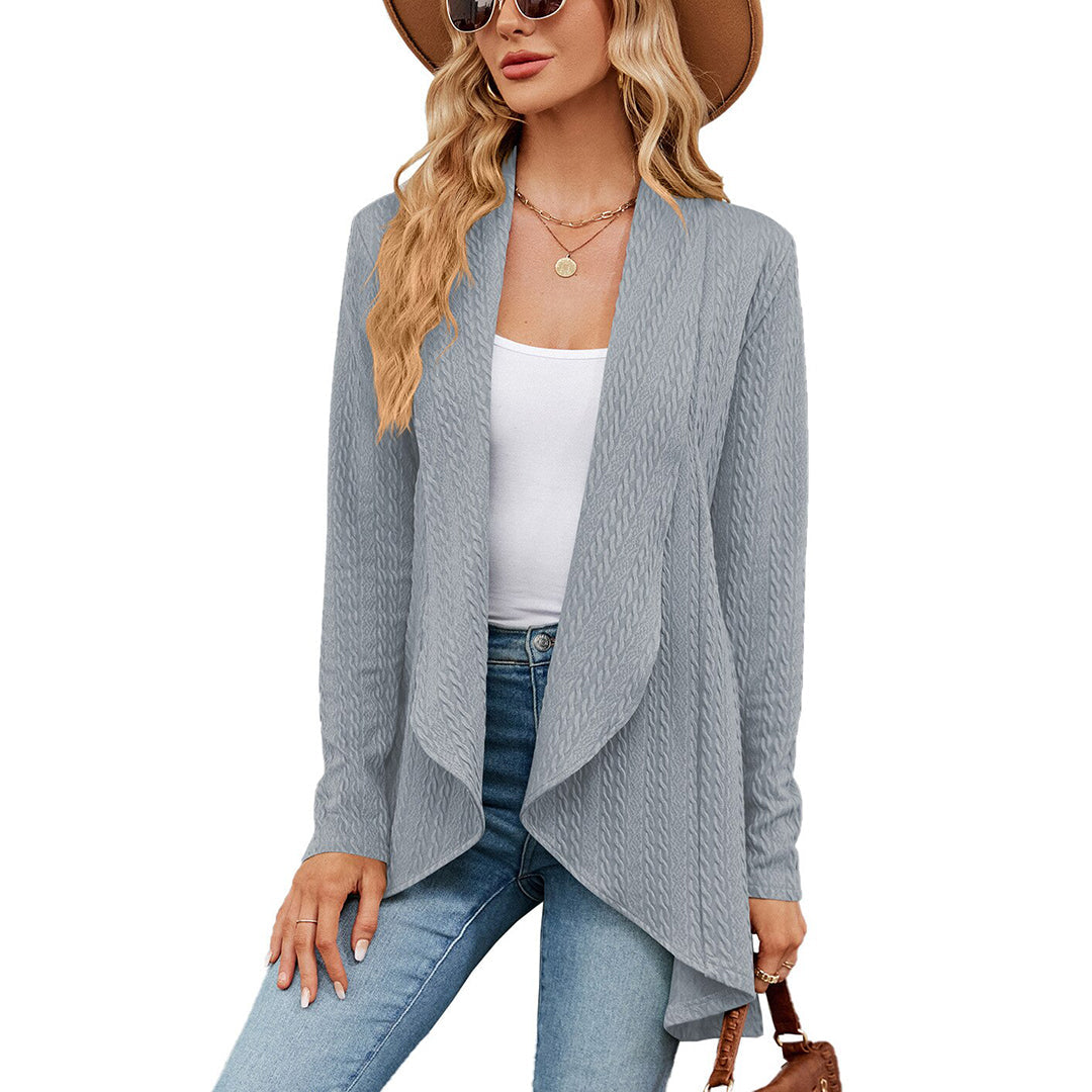 Women's relaxed fit winter cardigan in cozy textured cable-knit, designed for effortless layering style