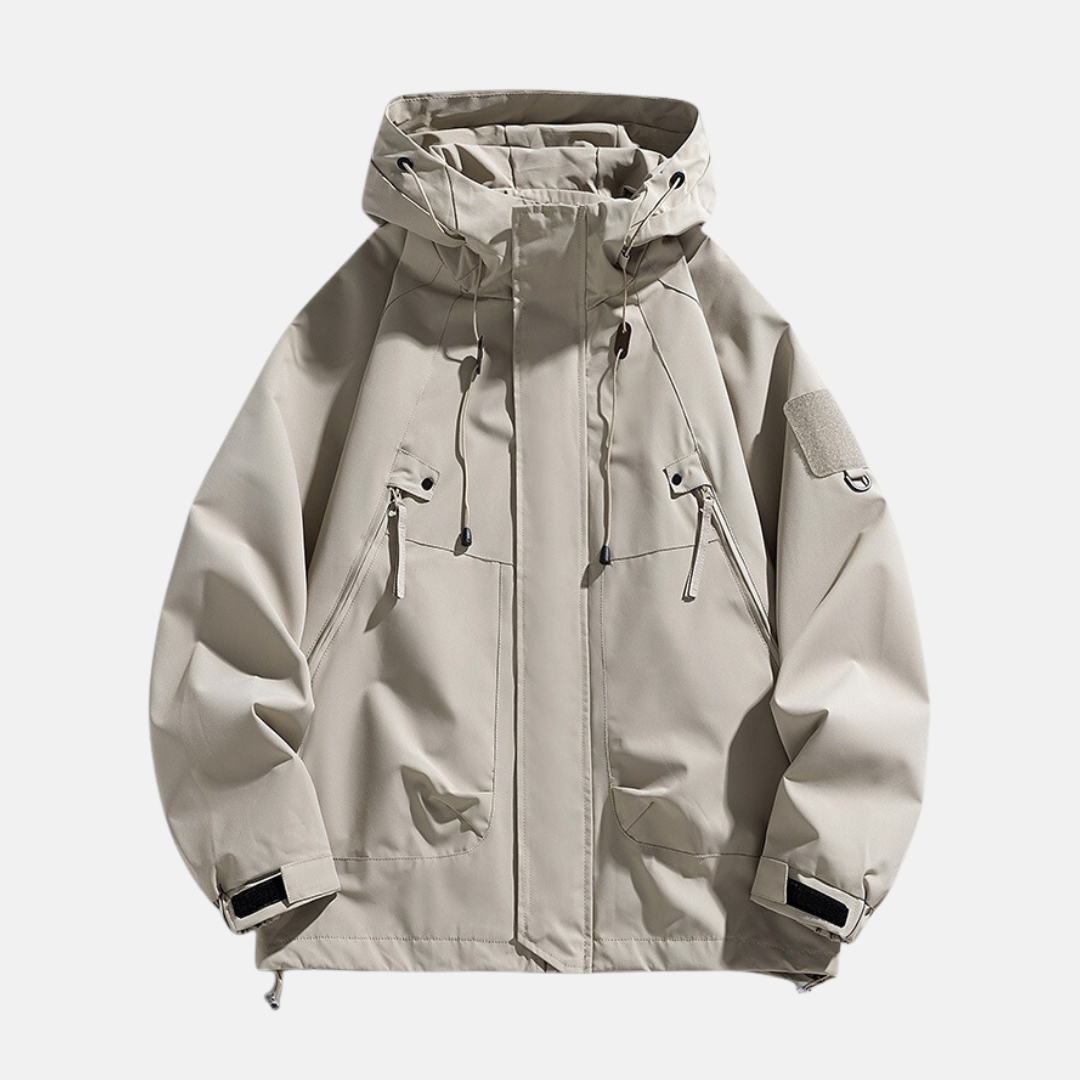Men's relaxed fit utility jacket in water-resistant tech fabric with multi-pocket design for urban wear