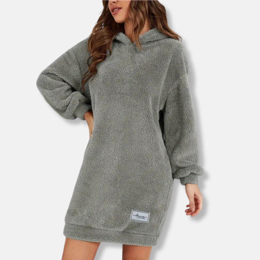 Women's oversized hoodie mini dress in plush fleece knit, cozy lounge silhouette with hood detail
