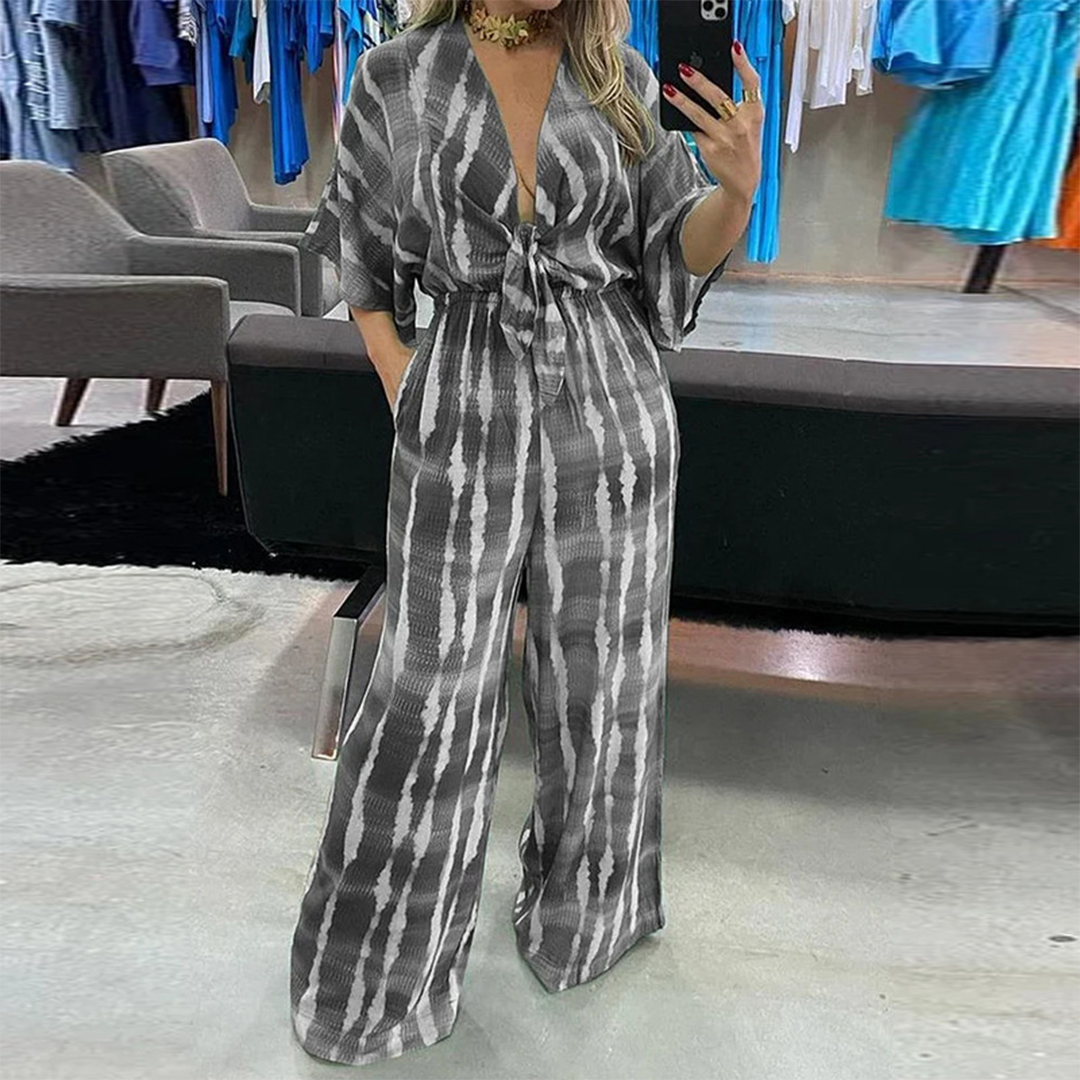 Boho wide-leg jumpsuit breathable lightweight one-piece with V-neck and adjustable waist belt