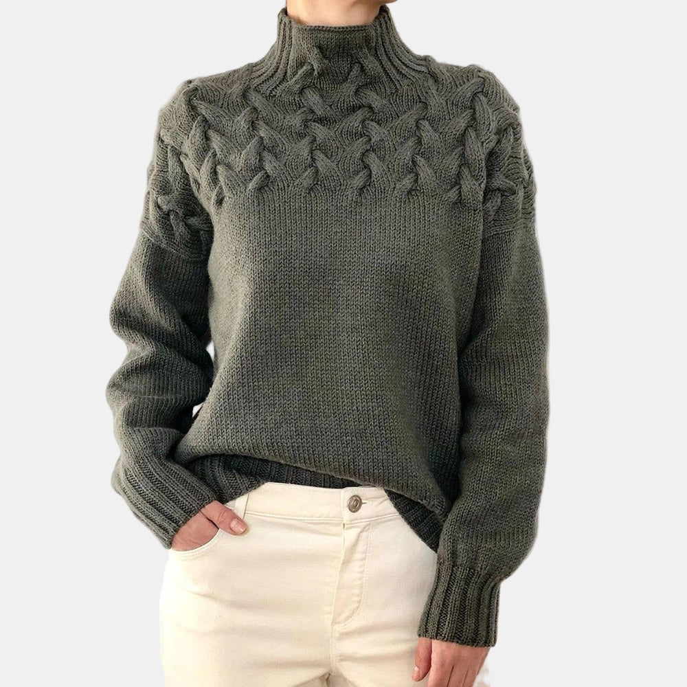 Women's cream cable knit turtleneck sweater relaxed fit with raised cable texture bodice