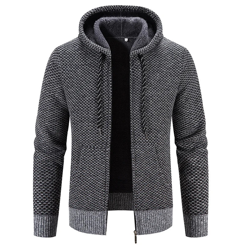 Men's loose knit autumn hoodie in relaxed fit, cozy layering sweater with casual hooded design