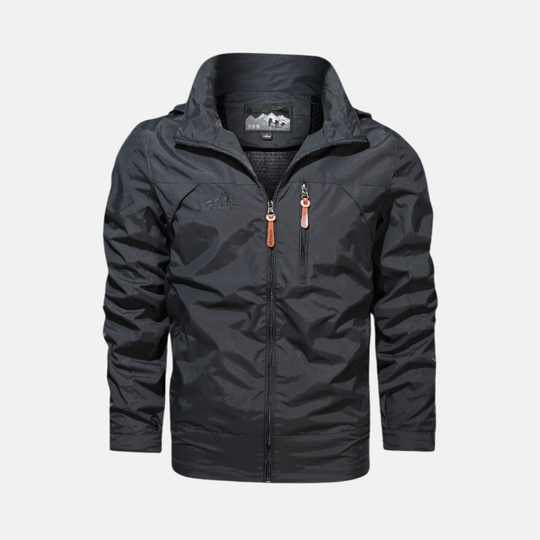 Men's lightweight water-resistant outdoor jacket high collar zip pockets regular fit trail-ready layer