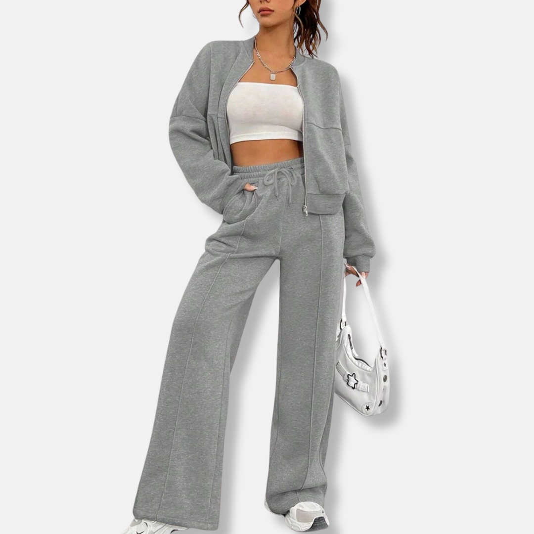 Women's two-piece sage green loungewear set with relaxed bomber jacket and high-waisted wide-leg pants