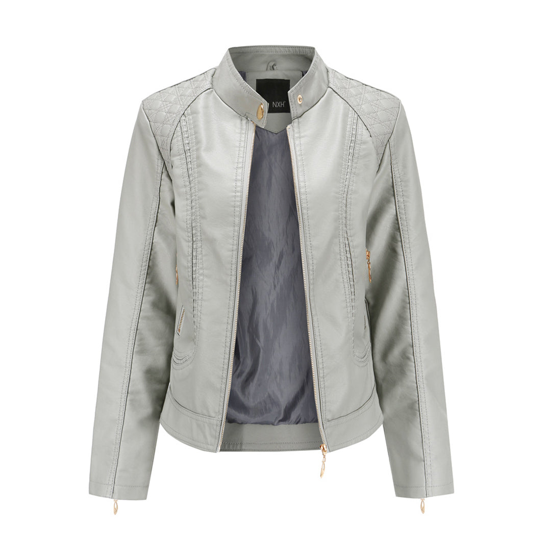Women's black leather jacket stand-up collar sleek modern cut bold sophisticated silhouette