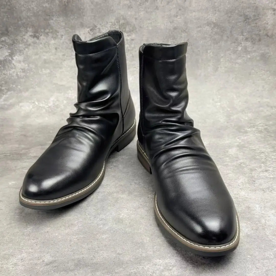 Men's Griffin ruched leather boots black cushioned insole zipper access bold timeless silhouette