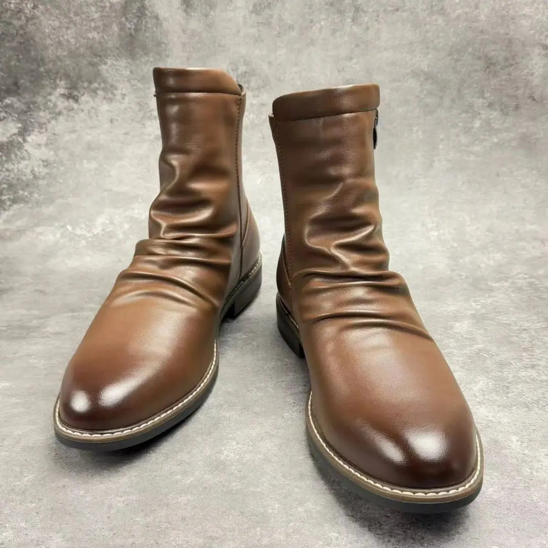 Men's black ruched leather boots with cushioned insole, bold silhouette, and easy-access side zipper