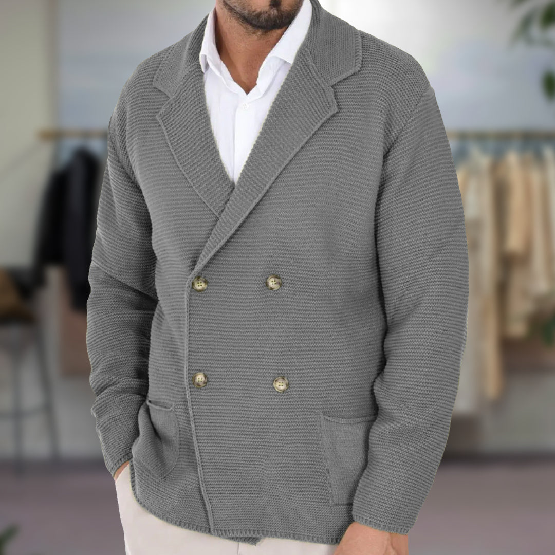 Men's double-breasted knit blazer structured fit neutral tone casual smart button detail