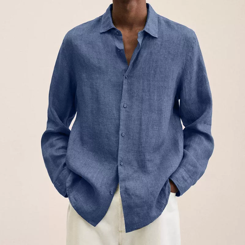 Men's casual beige linen shirt with spread collar, breathable fabric for all-day fresh comfort