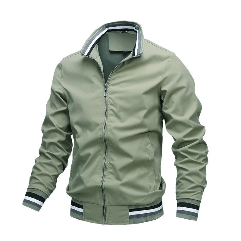Men's lightweight navy blue bomber jacket with ribbed cuffs and modern zipper closure for casual style