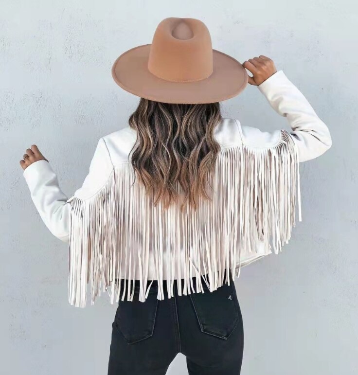 Rose fringed suede moto jacket for women with bold dramatic fringe detailing and edgy biker style