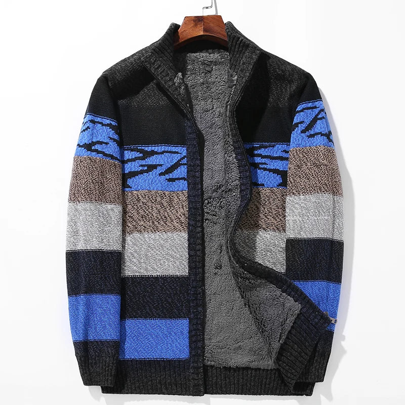 Unisex wool cardigan color block sherpa lining lightweight knit cozy patchwork bold contrast design