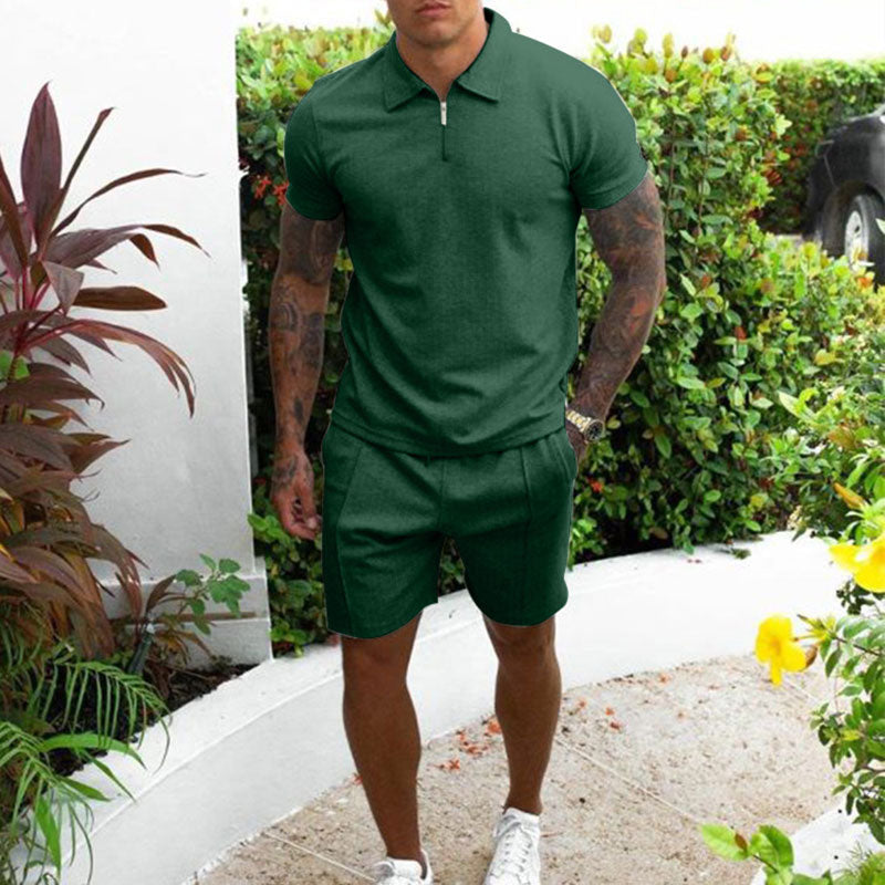 Men's beige polo shirt and shorts matching set, regular fit with zip collar, casual summer two-piece