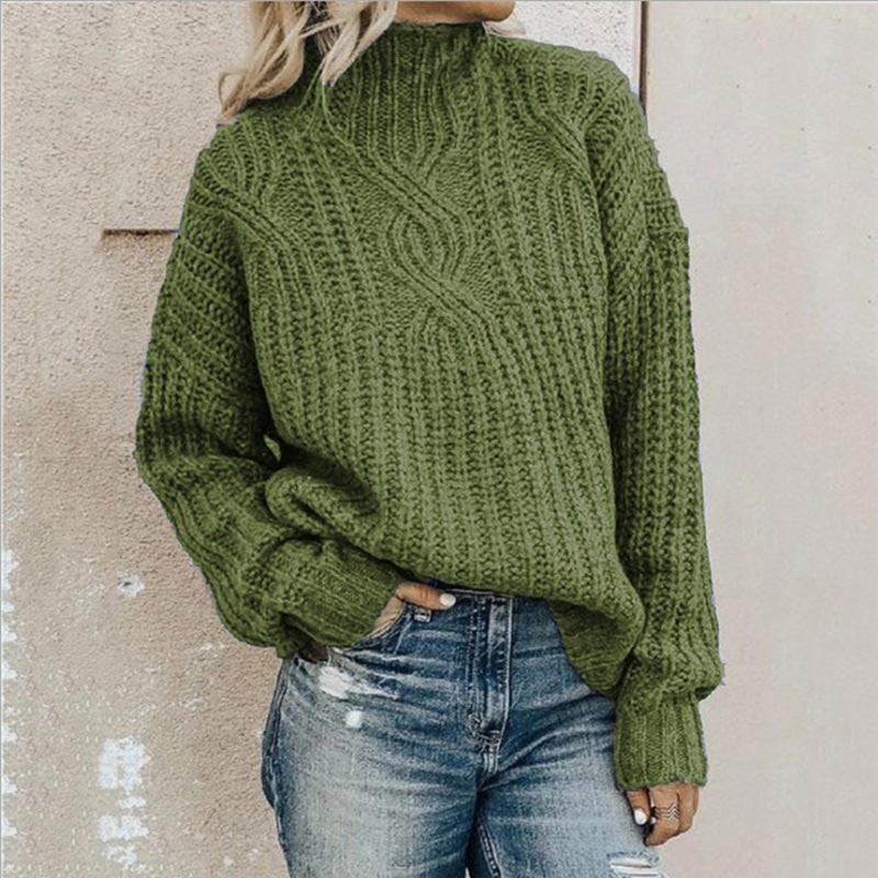 Women's chunky cable knit sweater in cozy relaxed fit with high neckline for warm everyday layering
