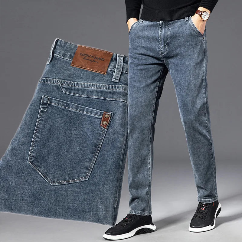Men's dark wash straight fit stretch denim jeans with flexible comfort fabric for all-day wear