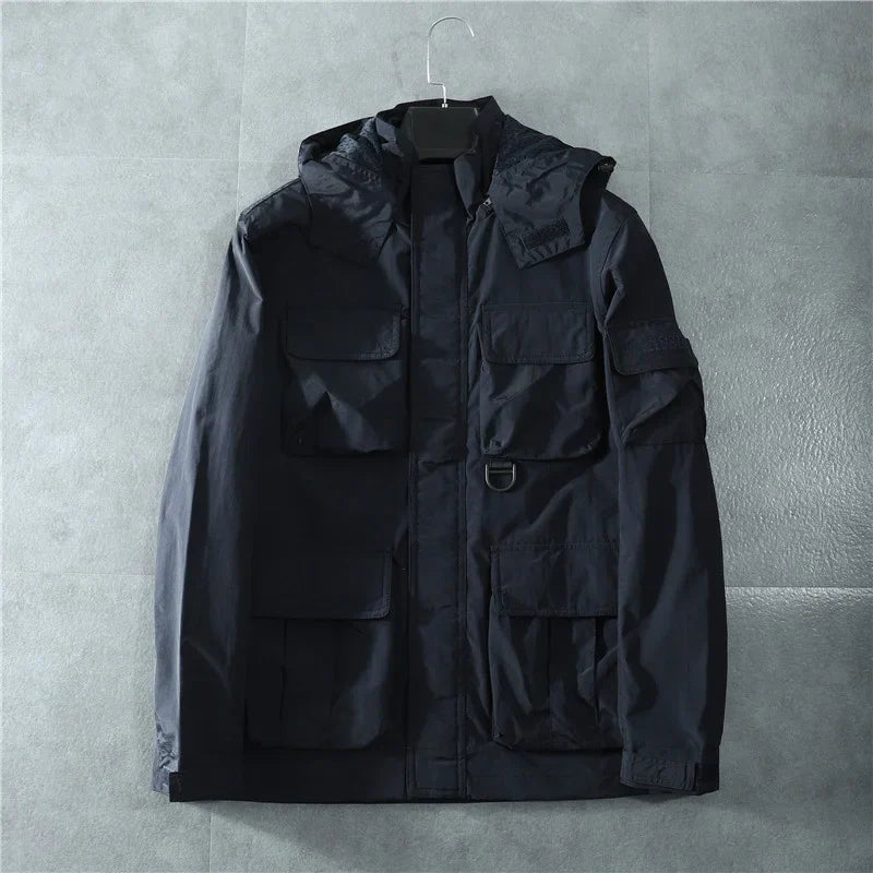 Men's olive tactical jacket waterproof removable hood reinforced stitching all-weather outdoor adventure