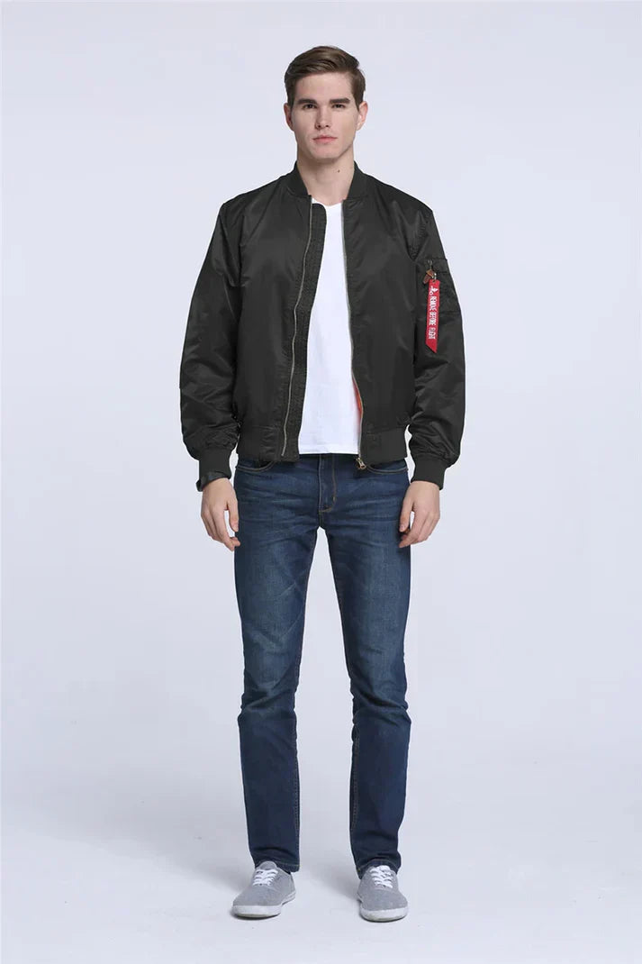 Men's olive green pilot bomber jacket classic silhouette with ribbed cuffs and hem rugged outerwear