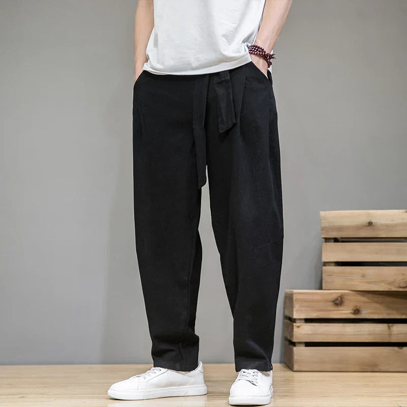 Men's beige linen relaxed-fit summer pants with elastic waist and breathable cotton blend