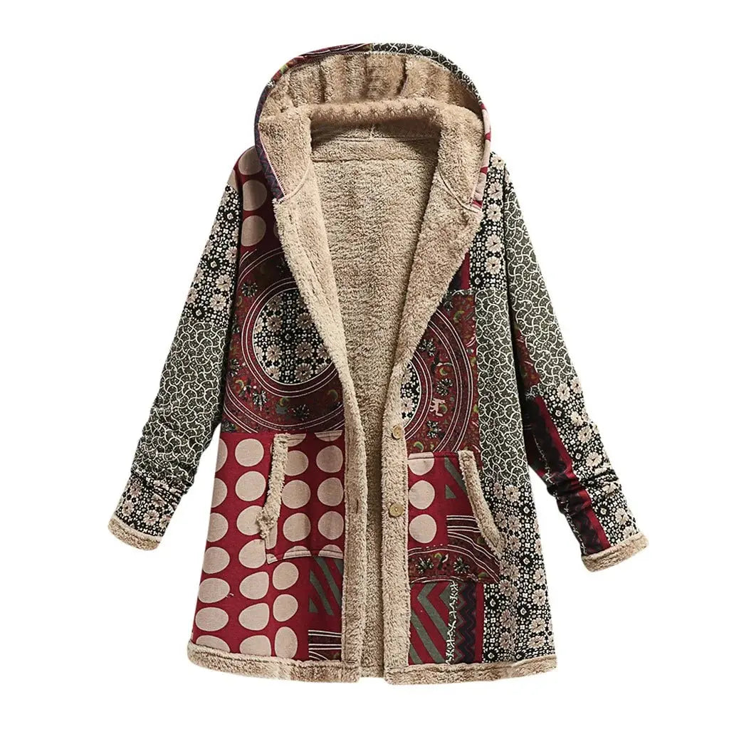 Women's vintage patchwork overcoat in mixed tones, cotton-linen blend with handcrafted detailing