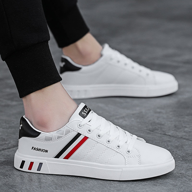 Unisex stripe lace-up sneakers in white, smooth panelled upper with subtle stitched texture for daily comfort