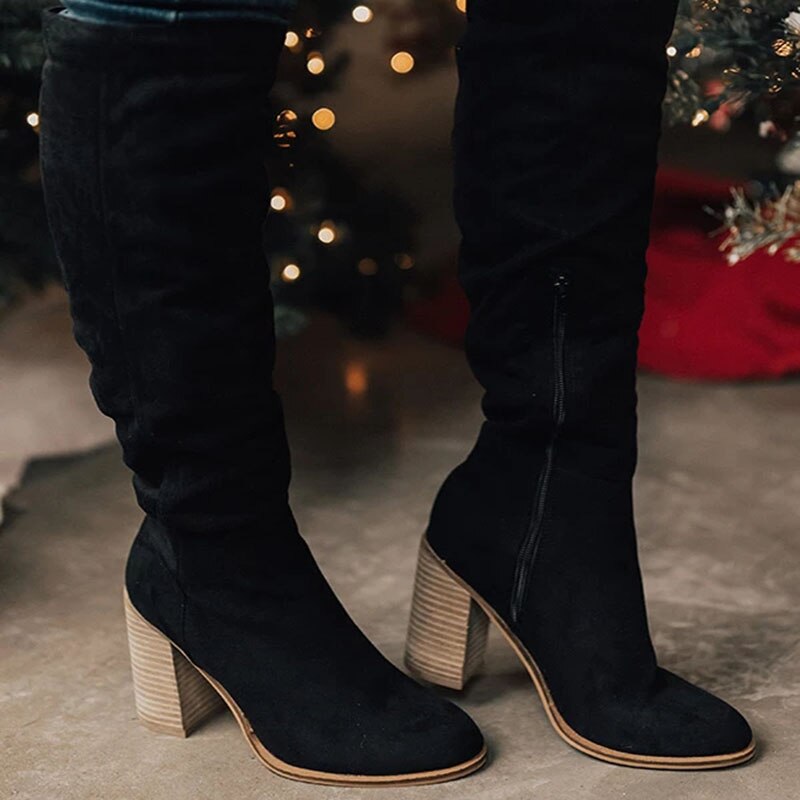 Women's knee-high boots with sturdy block heel, sleek silhouette for elegant everyday style