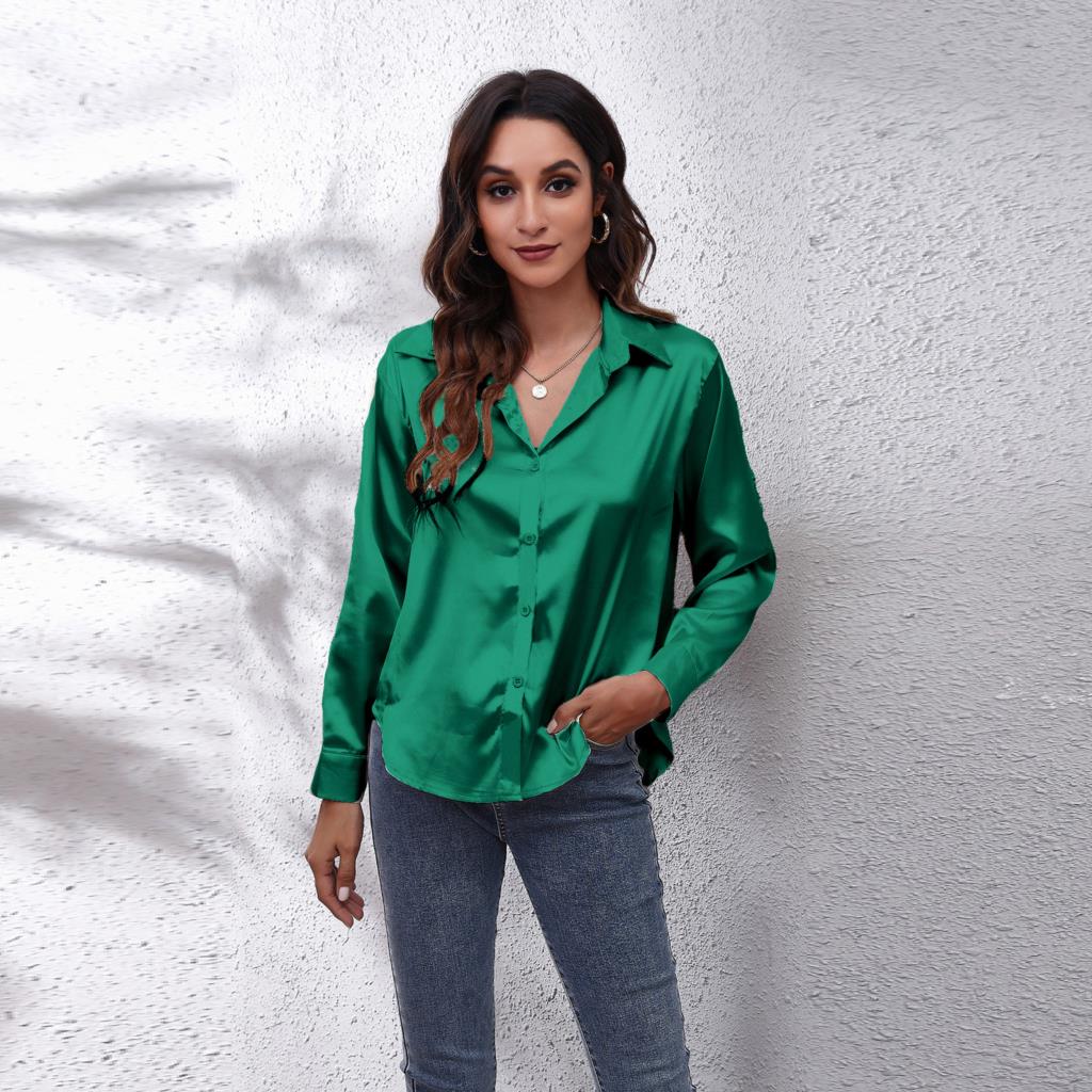 Women's loose fit satin blouse in polished finish, button-down office workwear with luxurious shine
