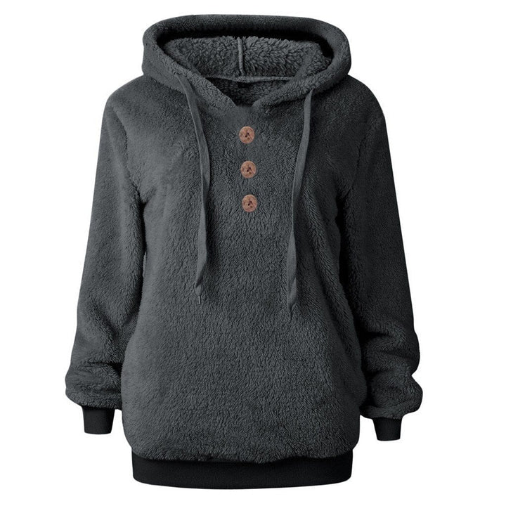 Women's fluffy fleece hoodie sweatshirt in cozy plush fabric, practical hood for everyday warmth