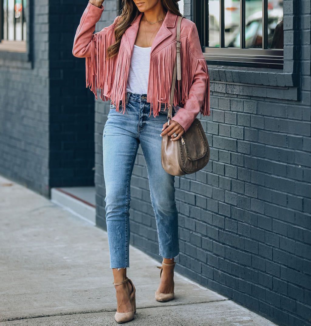 Rose women's fringed suede moto jacket with bold fringe detailing and edgy biker-inspired style