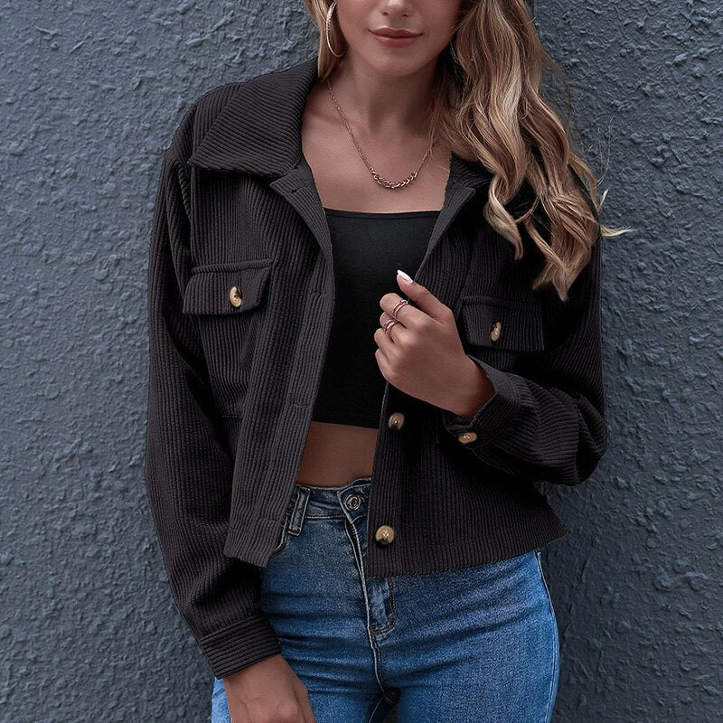 Women's cropped corduroy jacket casual style with button closure and chest pockets textured wale fabric
