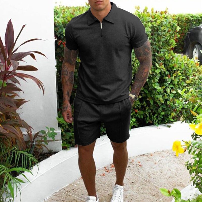 Men's beige polo shirt and shorts matching set regular fit zip collar casual summer outfit