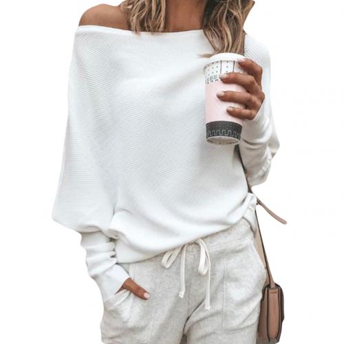 Women's off-shoulder ribbed knit oversized sweater in neutral tones, long sleeves, casual chic fall style