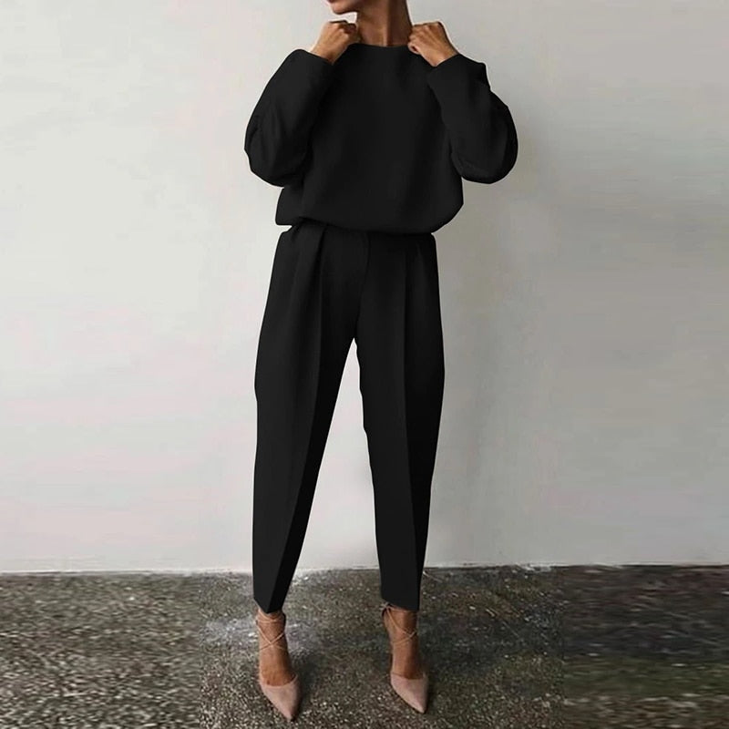 Women's two-piece suit set relaxed balloon sleeve top high-waisted tapered pants office chic