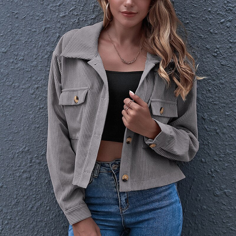 Women's cropped corduroy jacket casual style button closure with chest pockets textured vertical wale