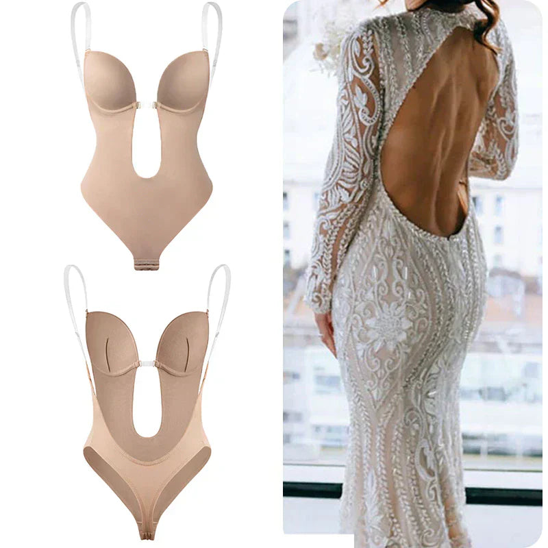 Beige backless seamless body shaper for women with smoothing compression and low-back design