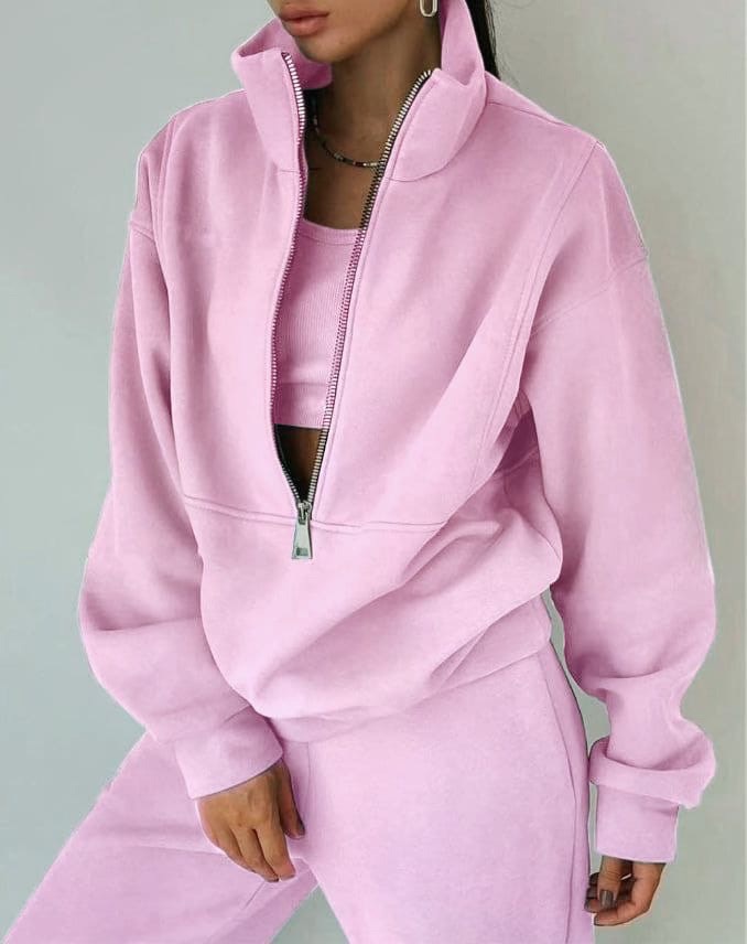 Women's oversized two-piece set slouchy half-zip pullover high waist joggers casual streetwear