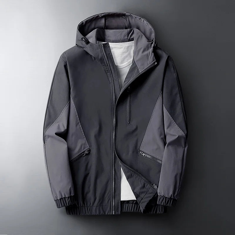 Men's lightweight camo hooded windbreaker jacket with water-resistant tactical design