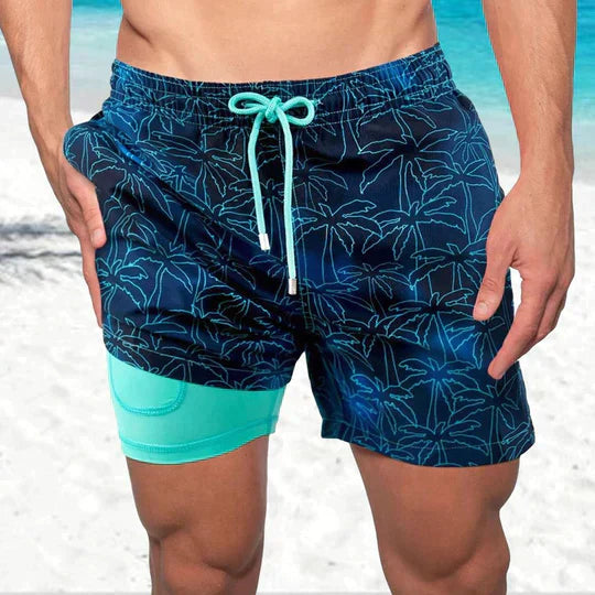 Men's drawstring beach shorts tropical palm print bold coastal style comfortable relaxed fit
