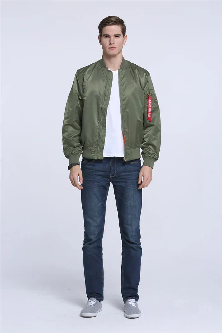 Men's olive green pilot bomber jacket classic silhouette with ribbed cuffs and waistband