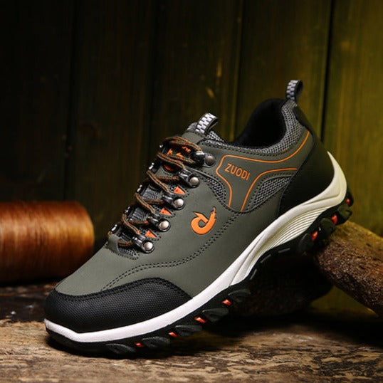 Men's gray mesh hiking shoes with synthetic PU leather overlay, lightweight trail design with non-slip sole