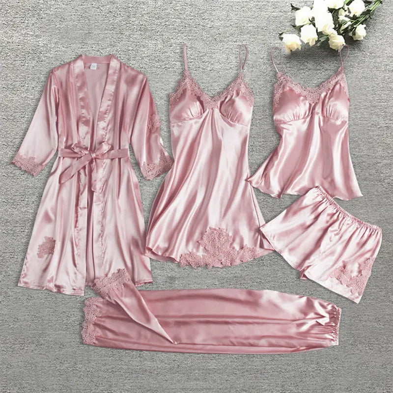 Women's silk robe five-piece pajama set luxury loungewear elegant satin finish