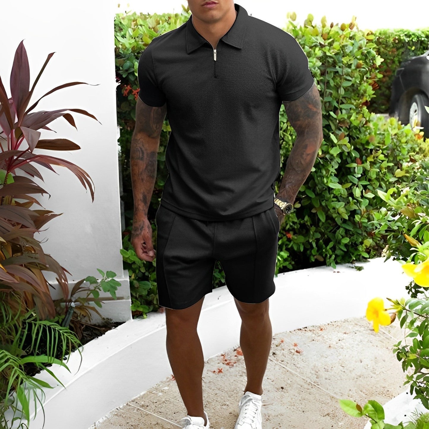 Men's blue polo shirt and shorts summer set lightweight breathable relaxed-fit two-piece matching outfit