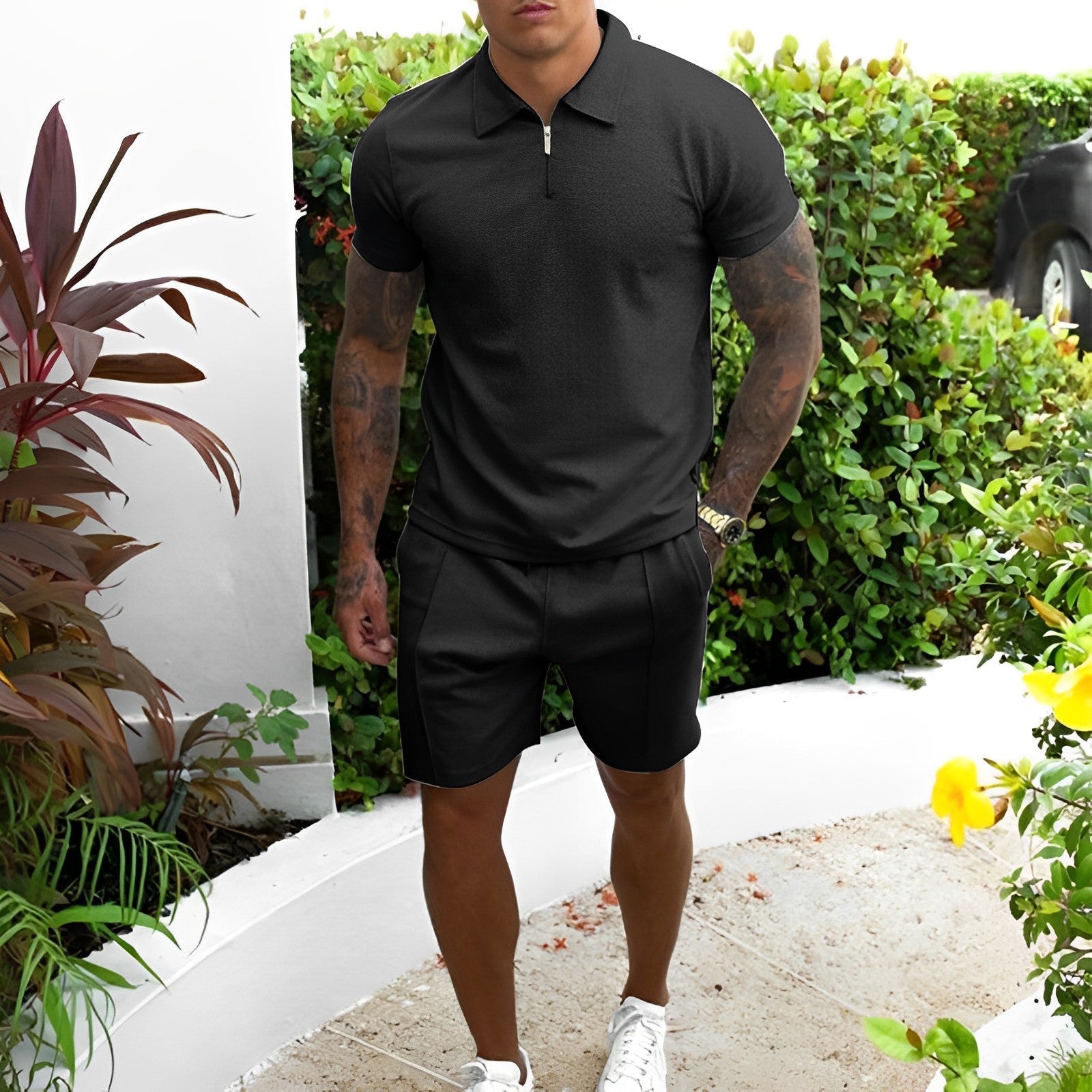 Men's blue polo shirt and shorts summer set lightweight breathable relaxed-fit two-piece matching outfit