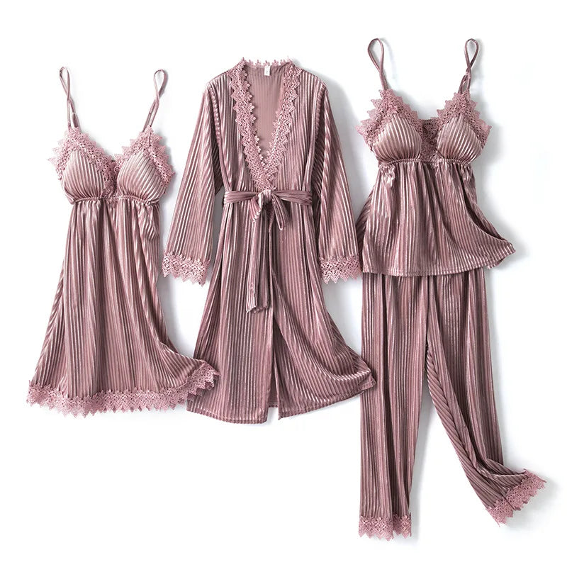 Women's soft velour sleepwear set with lace-trimmed camisole and robe, three-pack quiet luxury