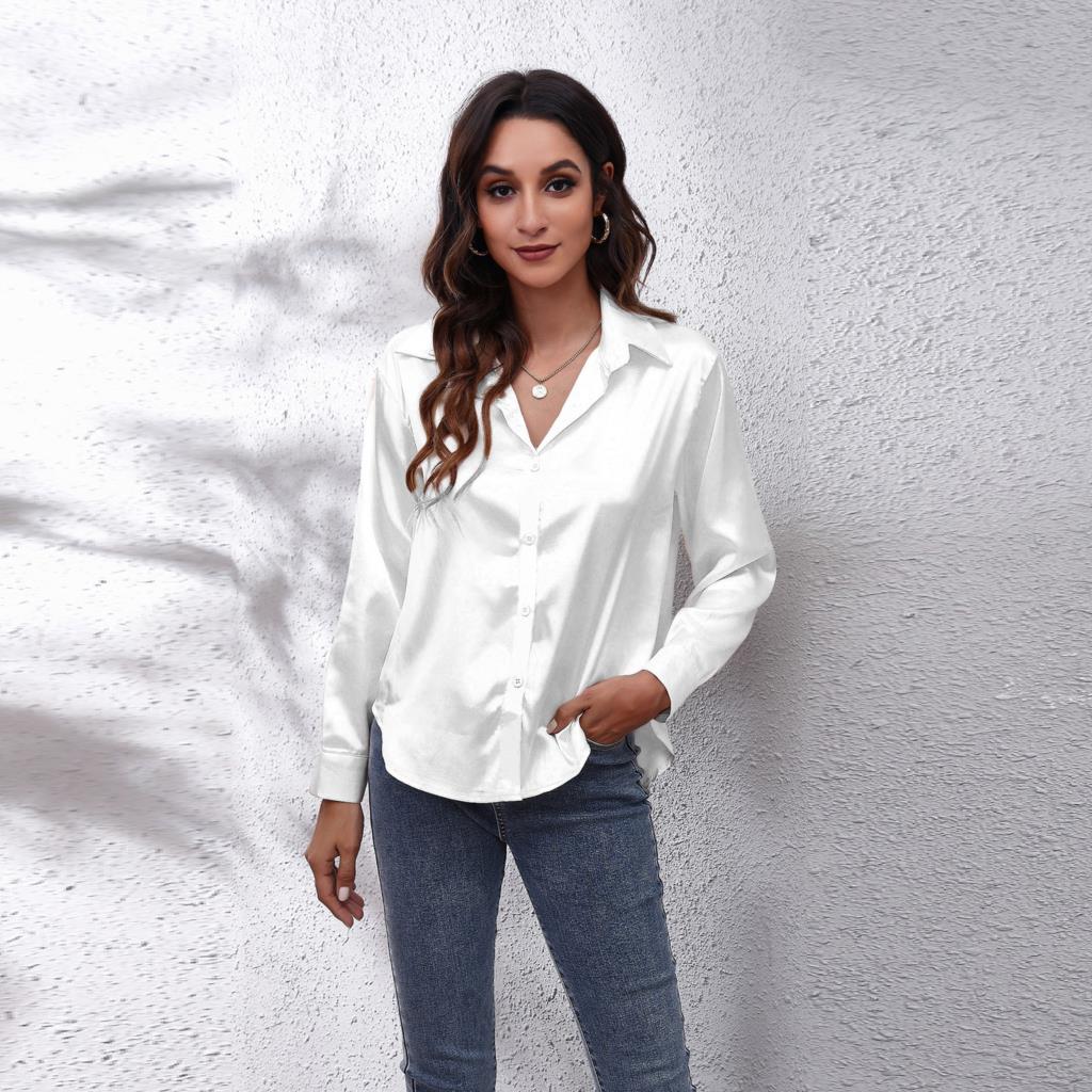 Women's loose fit satin blouse with lustrous shine, classic button-down design for polished office workwear