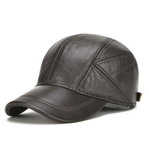 Men's black faux leather structured baseball cap with paneled design and curved brim