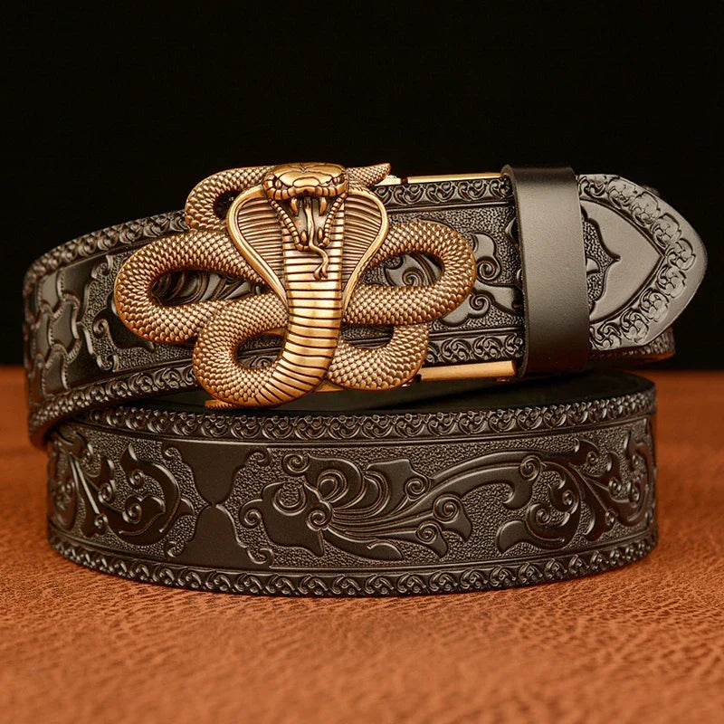 Men's brown embossed leather belt with bold cobra buckle, premium statement accessory