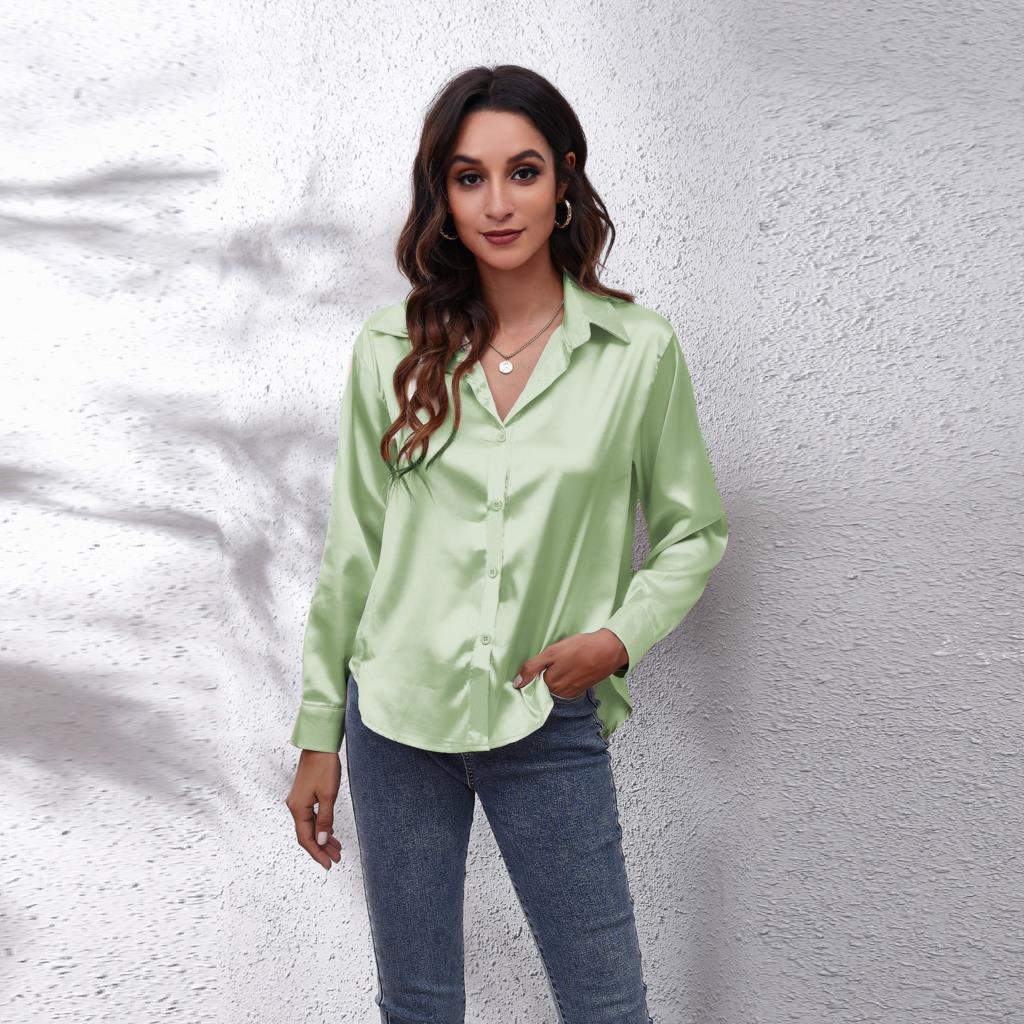 Women's loose fit satin blouse Sydney style, button-down office workwear with luxurious shine