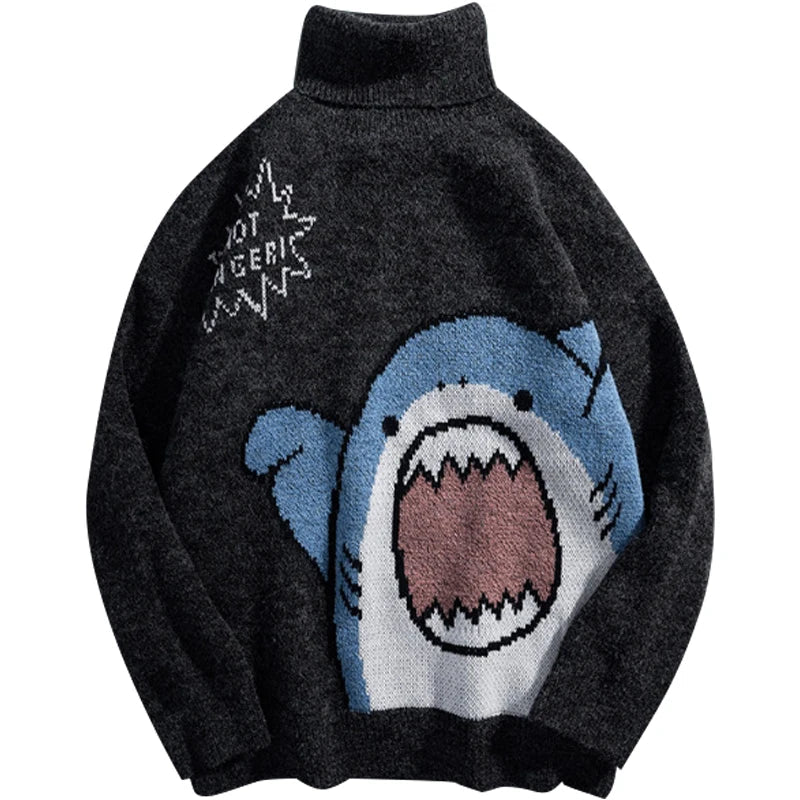 Oversized gray shark knit jumper Harajuku streetwear style with bold chomp graphic